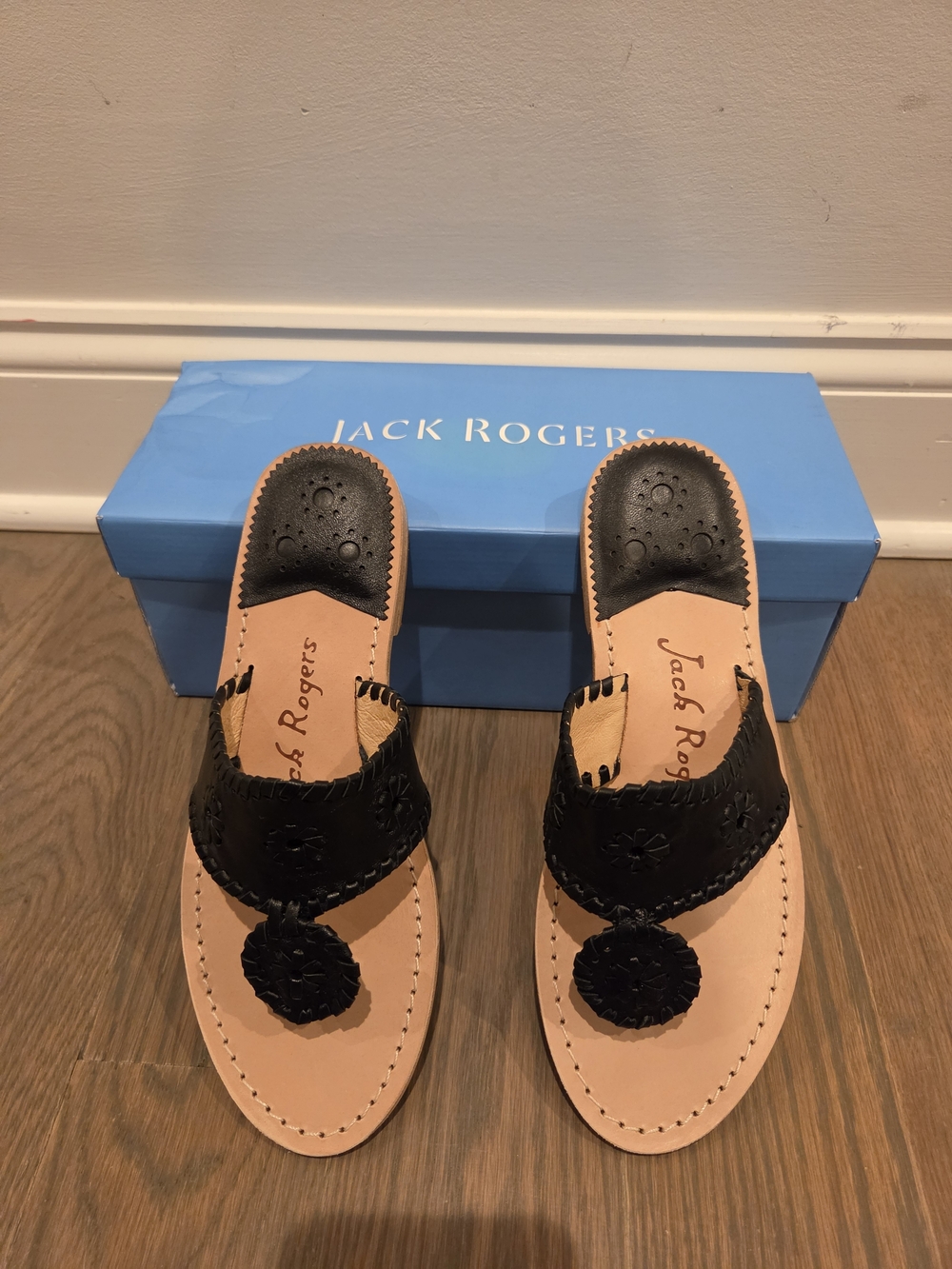 Jack Rogers Black Leather Slide Sandals with Signature Medallions